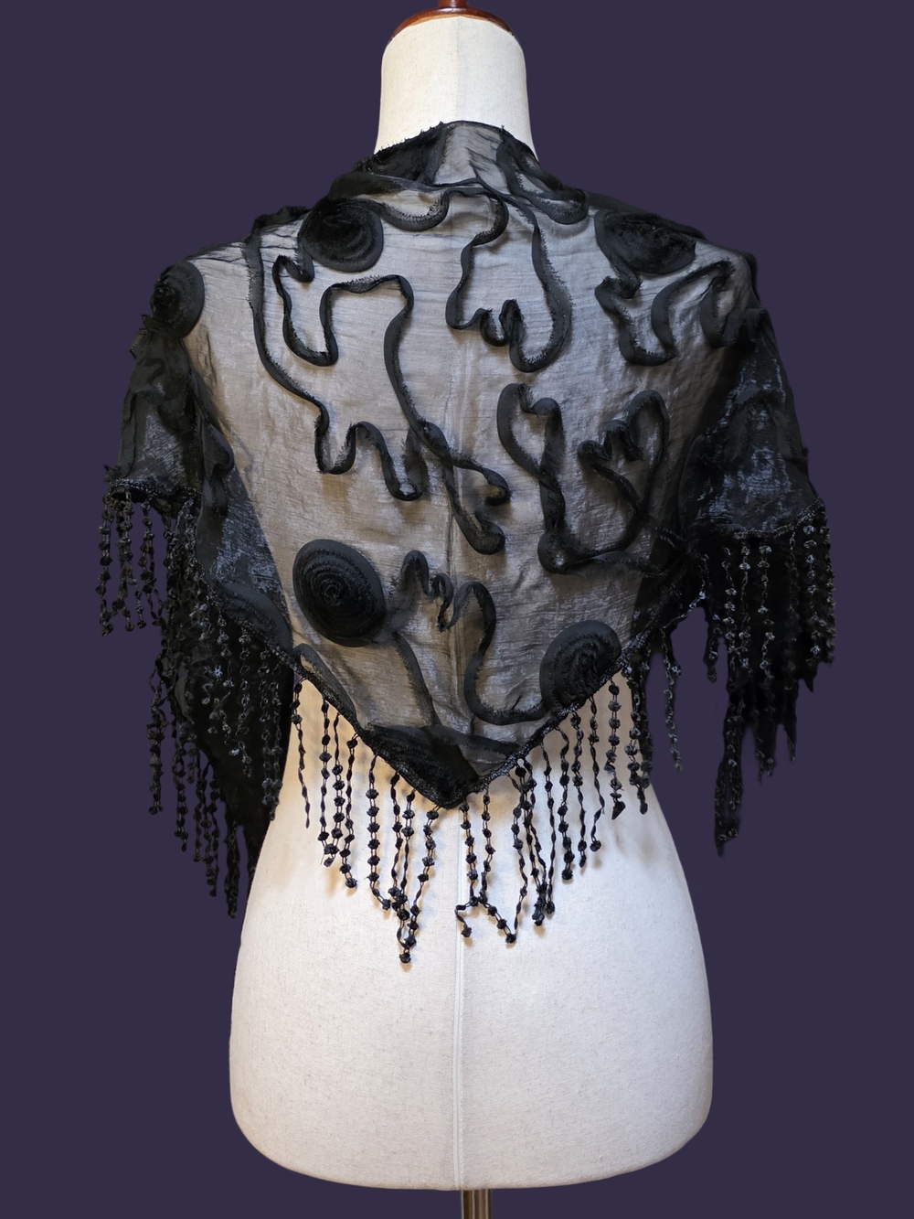 Pier One Black Rosette Floral Embroidery Sheer Fringe Scarf
